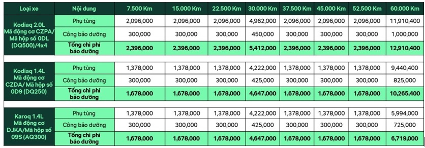 chi phí bảo dưỡng skoda